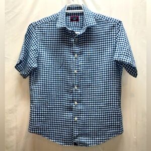 Men’s Untuckit Blue & White Gingham Checked Short Sleeve 100% Linen Shirt Small